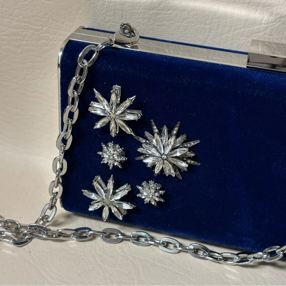 White House Black Market Royal Blue Velvet Clutch with Glass Crystal Flowers - Picture 3 of 7